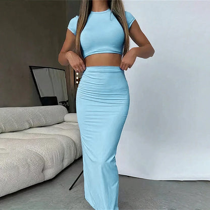 T-shirt Rock Zwei Stück Set Frauen Neue Kurzarm Oansatz Crop Top Hohe Taille Rock Solide Mode Anzug Streetwear Party